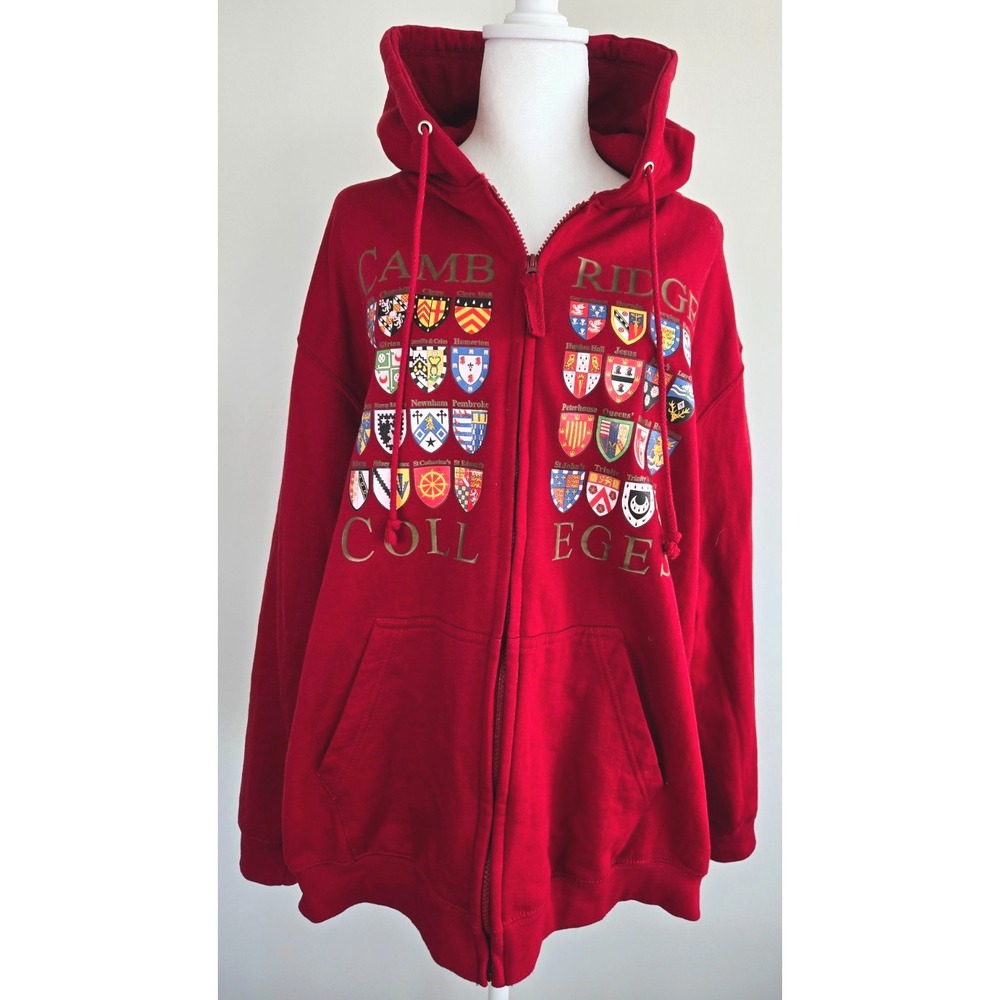 Cambridge College Full Zip Mini Logos Hoodie Sweatshirt Red Long Sleeves Retro